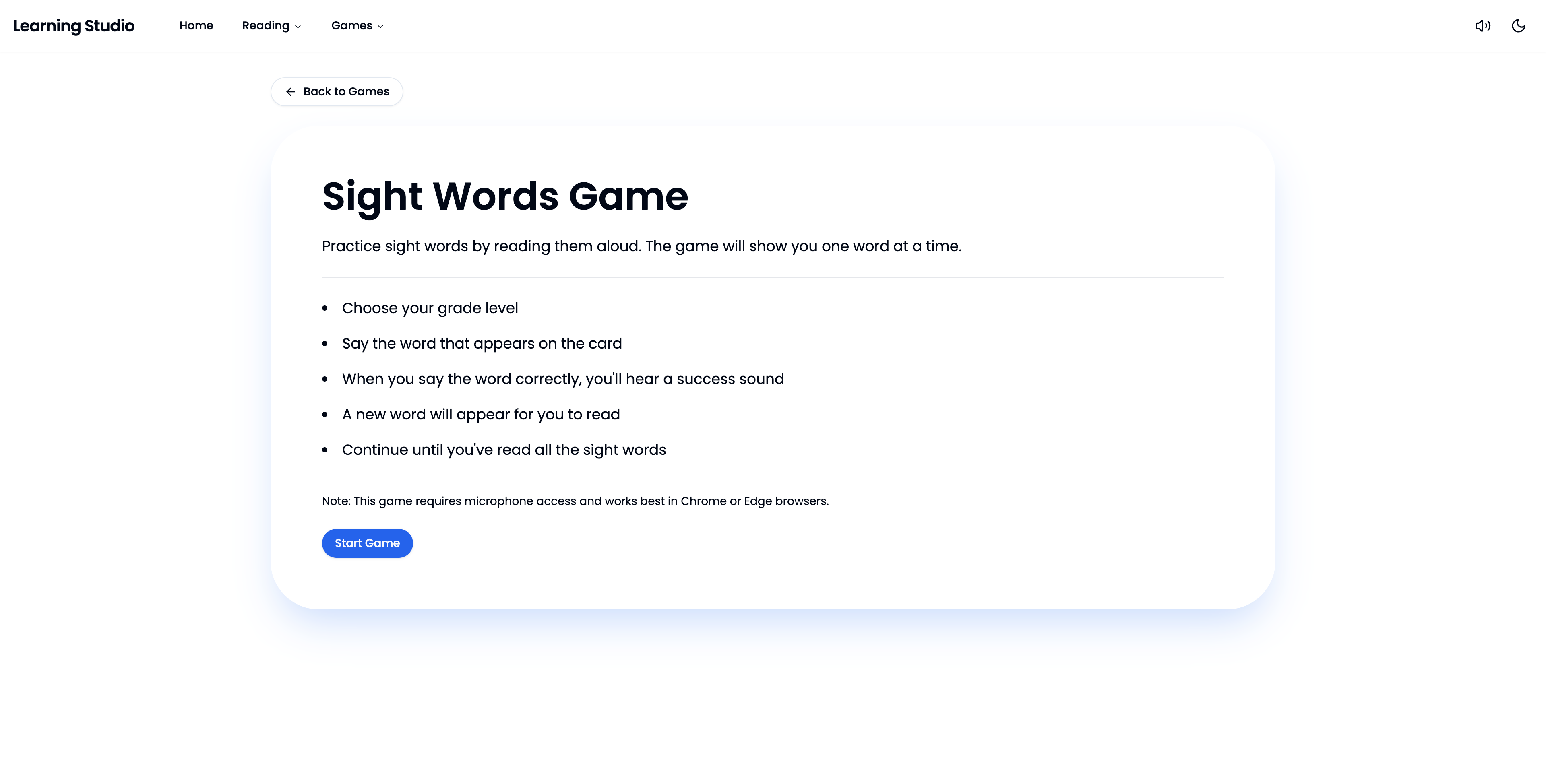 Sight words game instructions and interface